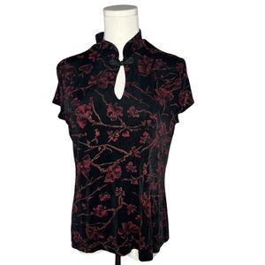 Vintage Ronni Nicole Black Red Floral Chinese Knot Cap Sleeve Blouse